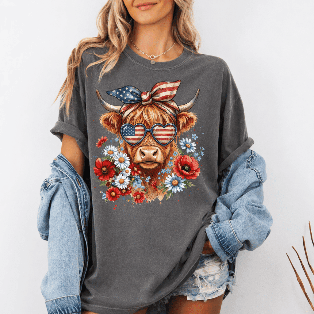Retro Patriotic Highland Cow Comfort Colors T-Shirt – 4th of July Gift for Women, Cowgirl Tee thumbnail - lifestyle view