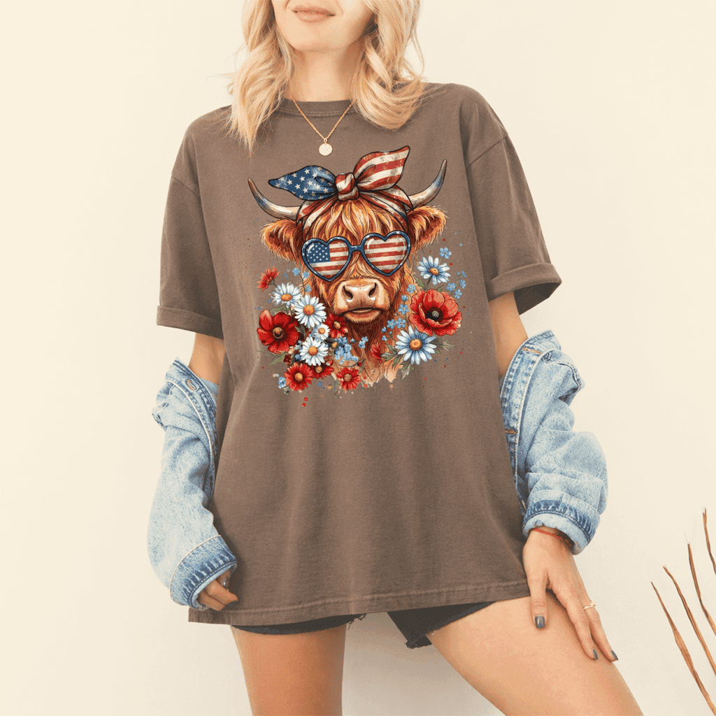 Retro Patriotic Highland Cow Comfort Colors T-Shirt – 4th of July Gift for Women, Cowgirl Tee thumbnail - back view