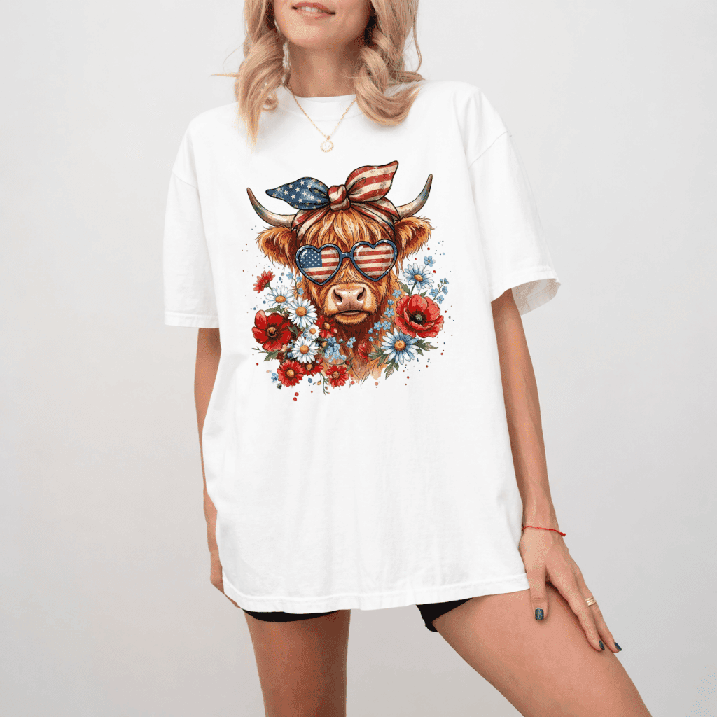 Retro Patriotic Highland Cow Comfort Colors T-Shirt – 4th of July Gift for Women, Cowgirl Tee thumbnail - detail view