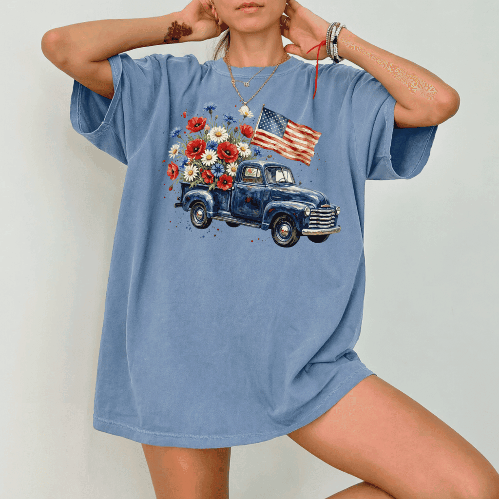 USA Flag Retro Truck Comfort Colors Shirt – 4th of July Country Style Gift for Her, Patriotic Tee thumbnail - back view