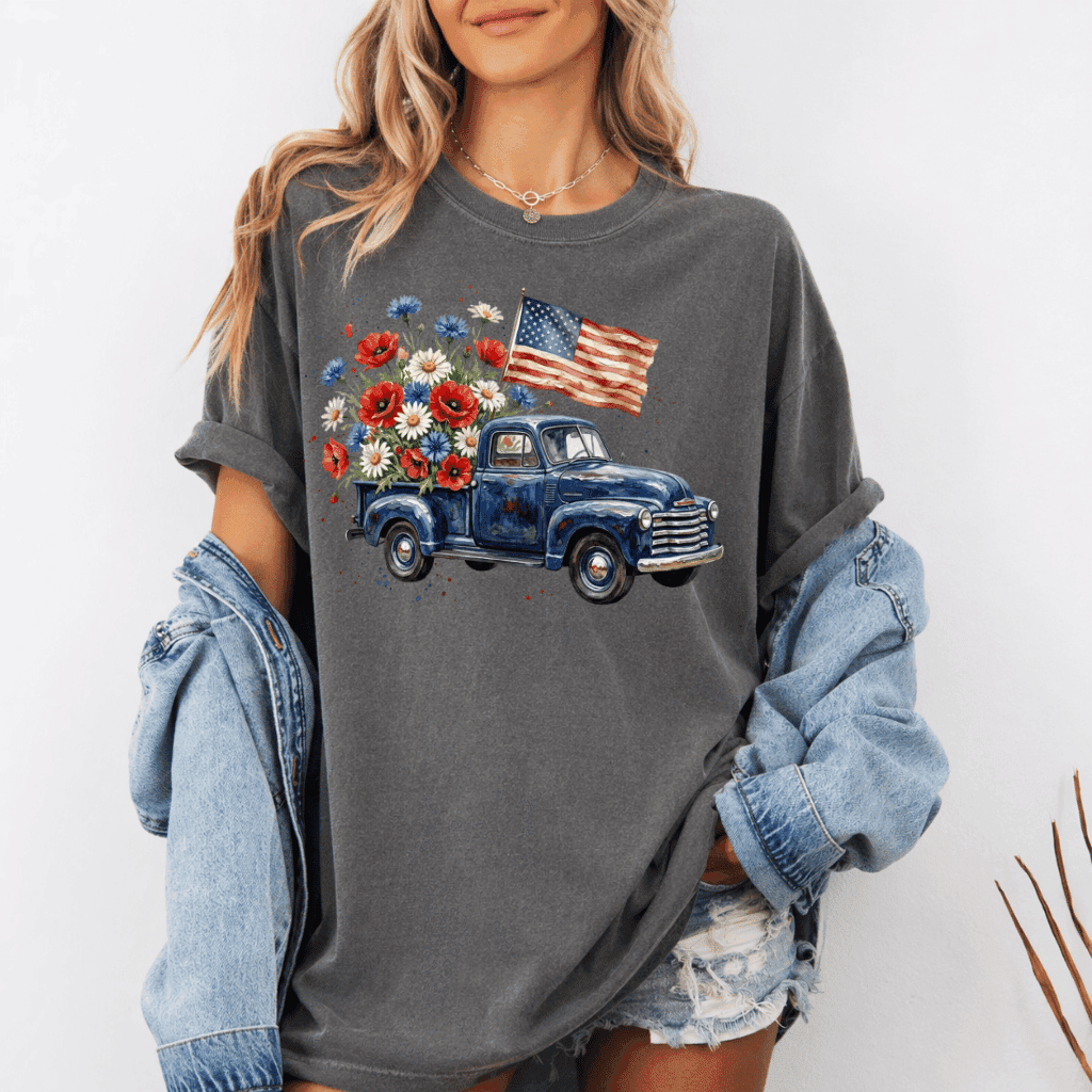 USA Flag Retro Truck Comfort Colors Shirt – 4th of July Country Style Gift for Her, Patriotic Tee thumbnail - lifestyle view