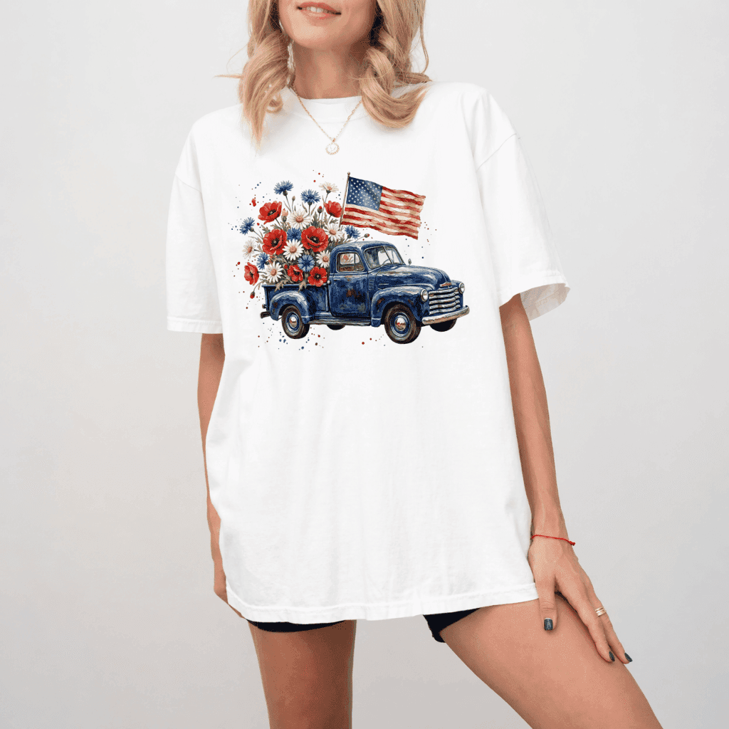 USA Flag Retro Truck Comfort Colors Shirt – 4th of July Country Style Gift for Her, Patriotic Tee thumbnail - detail view