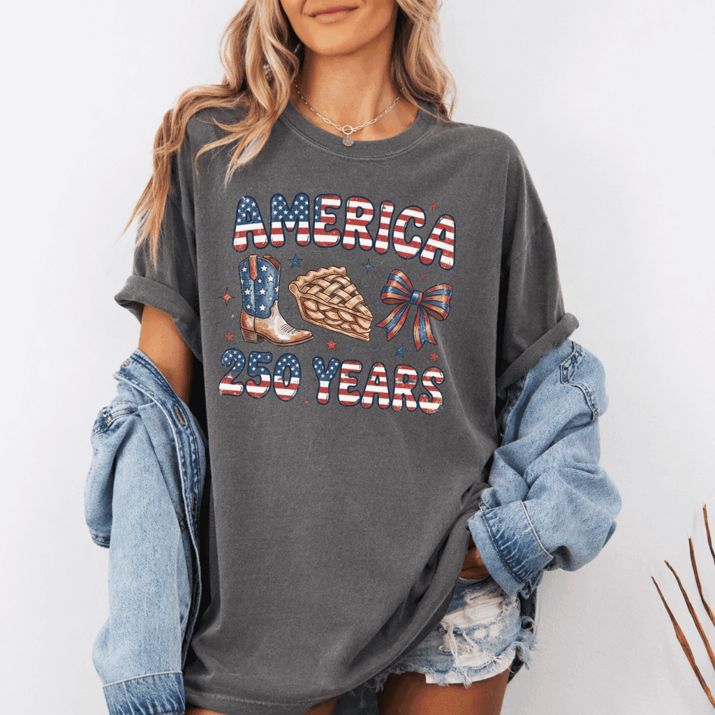 Patriotic Coquette Bow Comfort Colors Shirt – America 250 Years 4th of July Gift for Her, Country Tee thumbnail - lifestyle view