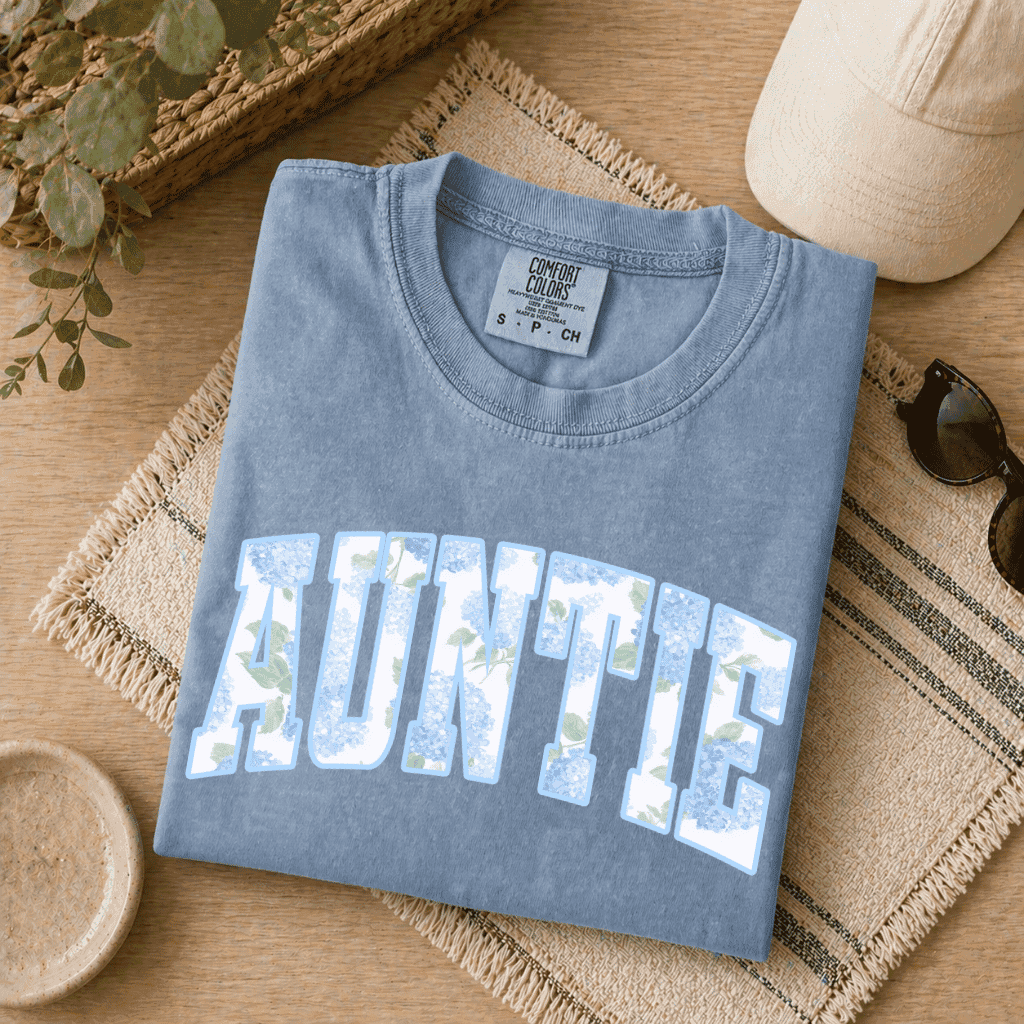 Hydrangea Blue Auntie Comfort Colors Shirt - Pregnancy Announcement to Auntie, New Aunt Era thumbnail - back view