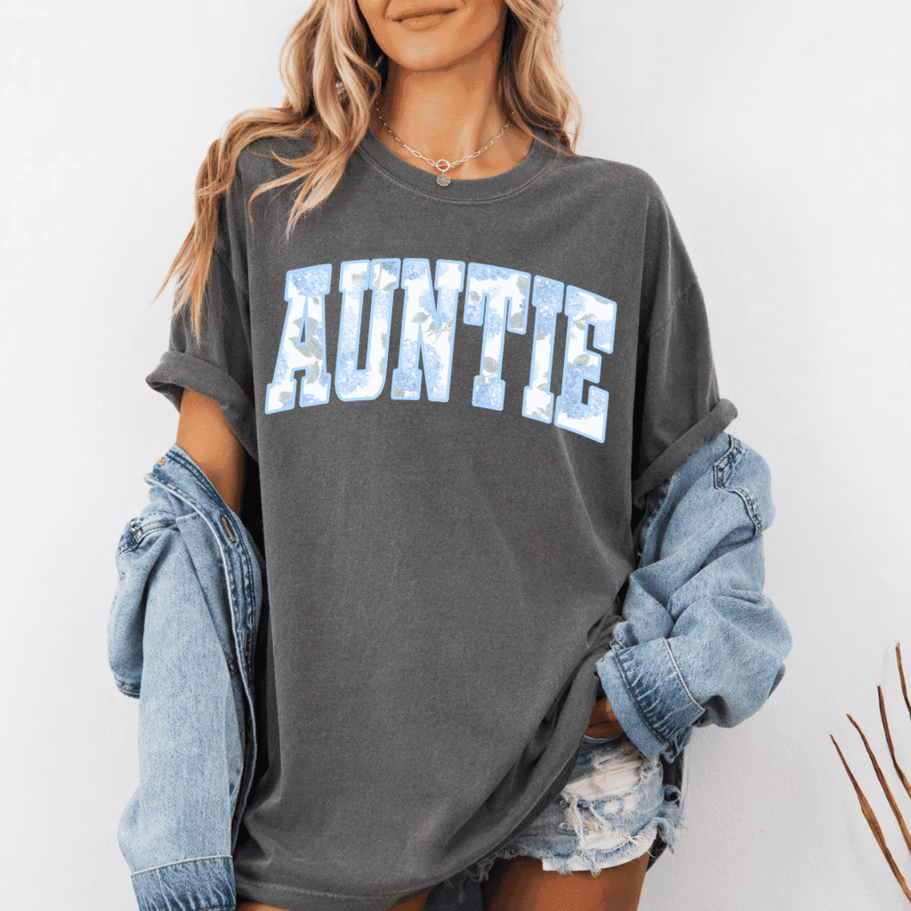 Hydrangea Blue Auntie Comfort Colors Shirt - Pregnancy Announcement to Auntie, New Aunt Era thumbnail - lifestyle view