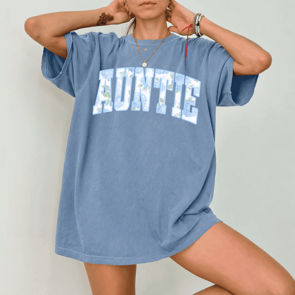 Hydrangea Blue Auntie Comfort Colors Shirt - Pregnancy Announcement to Auntie, New Aunt Era thumbnail - detail view