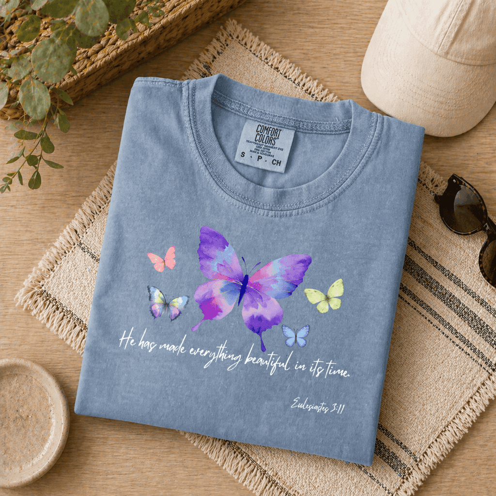 Christian Butterfly Comfort Colors T-Shirt – Spring Bible Verse Gift, Religious Quote thumbnail - detail view