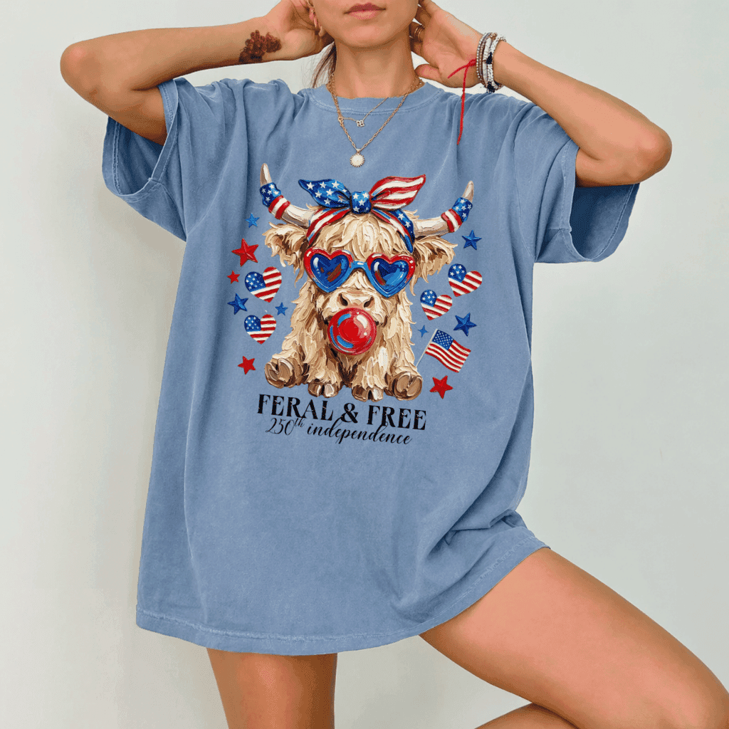 Feral & Free Highland Cow Comfort Colors Shirt – 4th of July Gift for Her, Funny Patriotic USA Tee thumbnail - back view