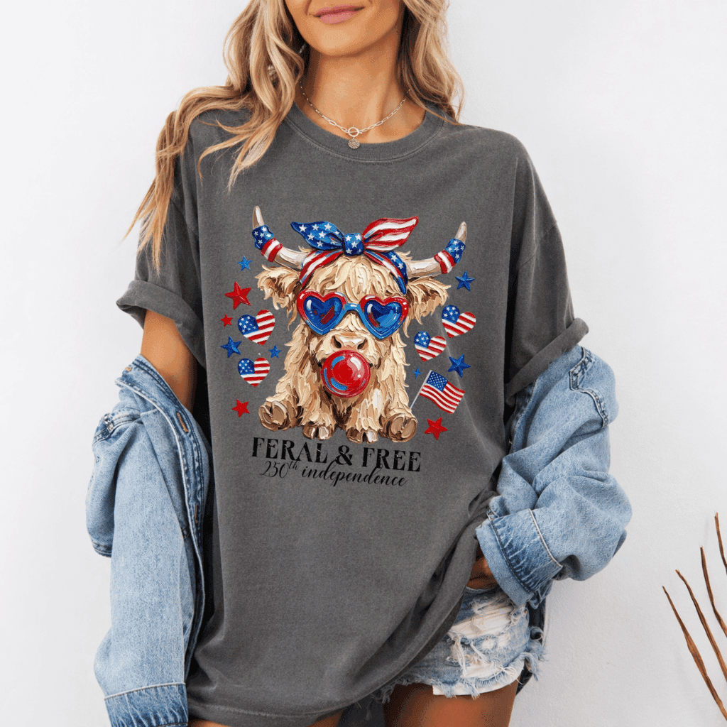 Feral & Free Highland Cow Comfort Colors Shirt – 4th of July Gift for Her, Funny Patriotic USA Tee thumbnail - lifestyle view