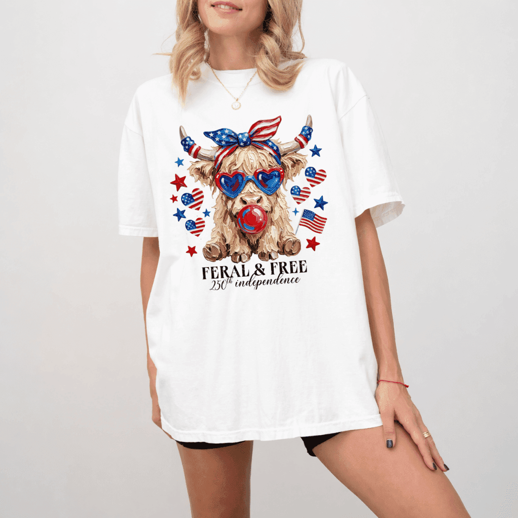 Feral & Free Highland Cow Comfort Colors Shirt – 4th of July Gift for Her, Funny Patriotic USA Tee thumbnail - detail view