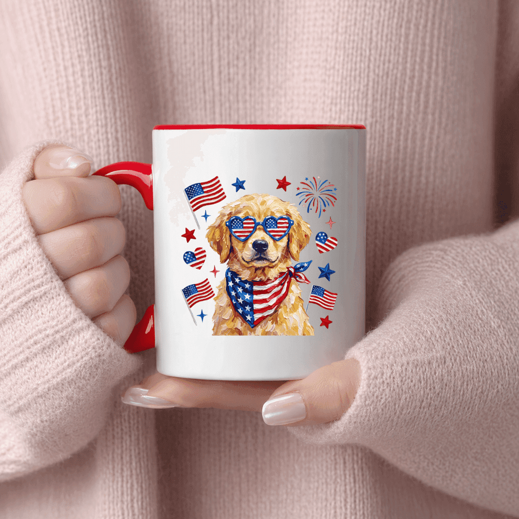 Patriotic Golden Retriever Accent Mug – 4th of July Gift for Dog Mom, Dog Lover Mug thumbnail - back view