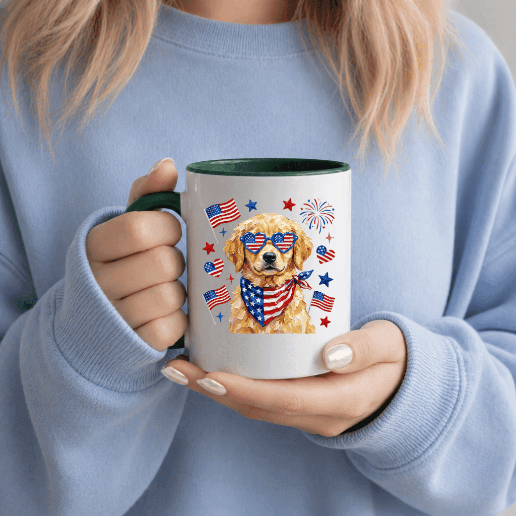 Patriotic Golden Retriever Accent Mug – 4th of July Gift for Dog Mom, Dog Lover Mug thumbnail - detail view