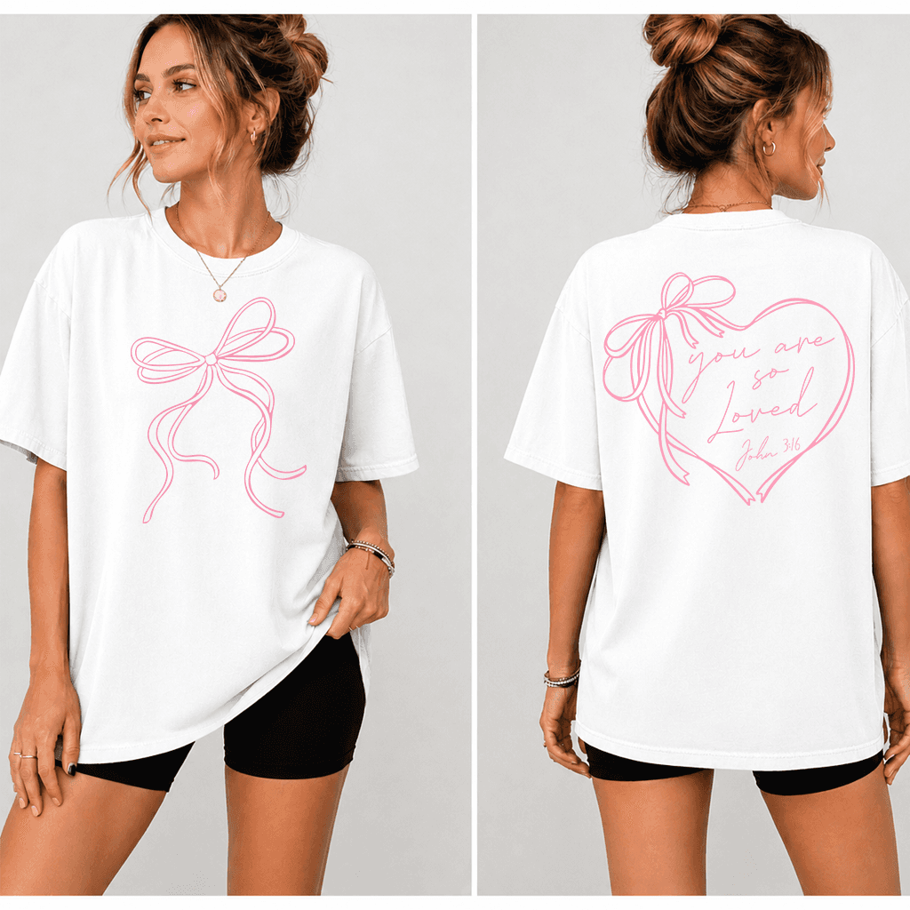 Pink Coquette Bow You Are So Loved Christian T-Shirt - John 3:16 Bible Verse Gift for Her thumbnail - detail view