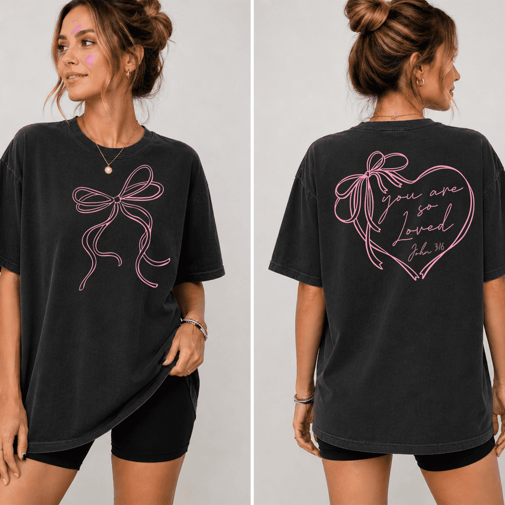 Pink Coquette Bow You Are So Loved Christian T-Shirt - John 3:16 Bible Verse Gift for Her thumbnail - back view