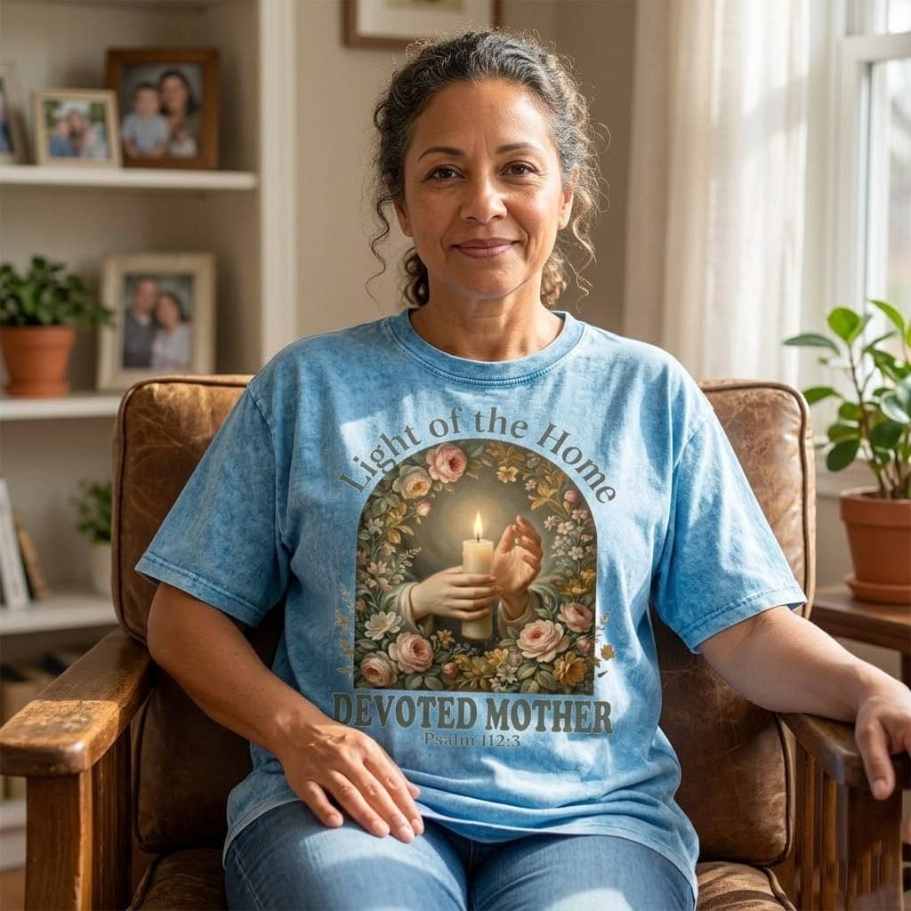 Light of the Home Devoted Mother Wash Tee – Vintage Faith Gift for Her thumbnail - detail view