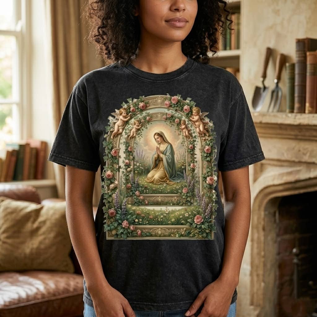 Mother of Perpetual Help Garden Prayer Wash Tee – Vintage Christian Gift thumbnail - back view