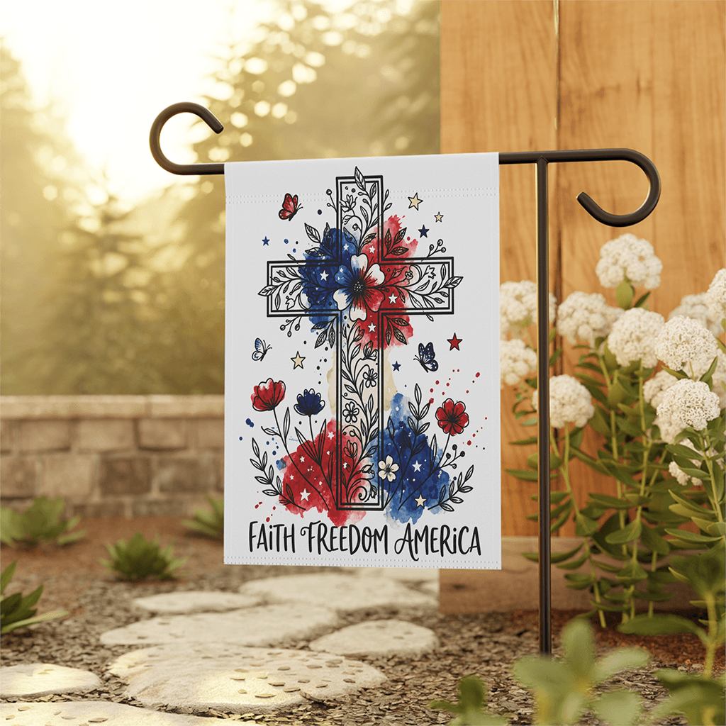 Floral Faith Freedom America Flag House Banner - Christian USA Patriotic Gift for Her thumbnail - front view