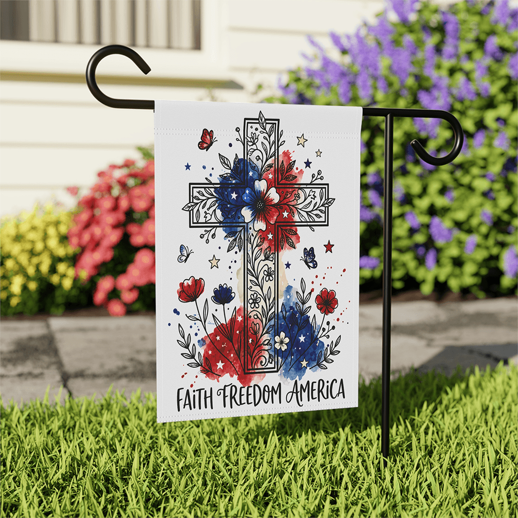 Floral Faith Freedom America Flag House Banner - Christian USA Patriotic Gift for Her thumbnail - back view