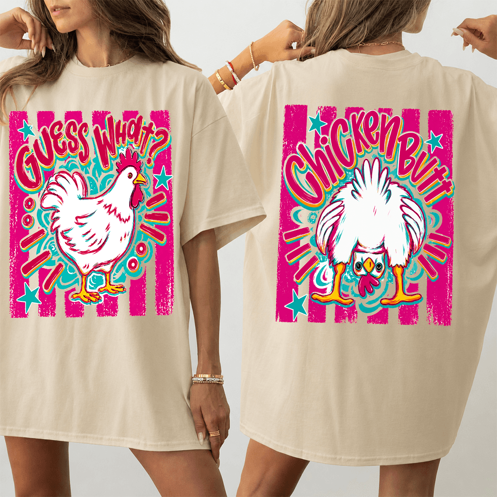 Guess What? Chicken Butt T-Shirt 2 sided - Cute Chicken Meme Gift for Farm Animal Lovers thumbnail - back view