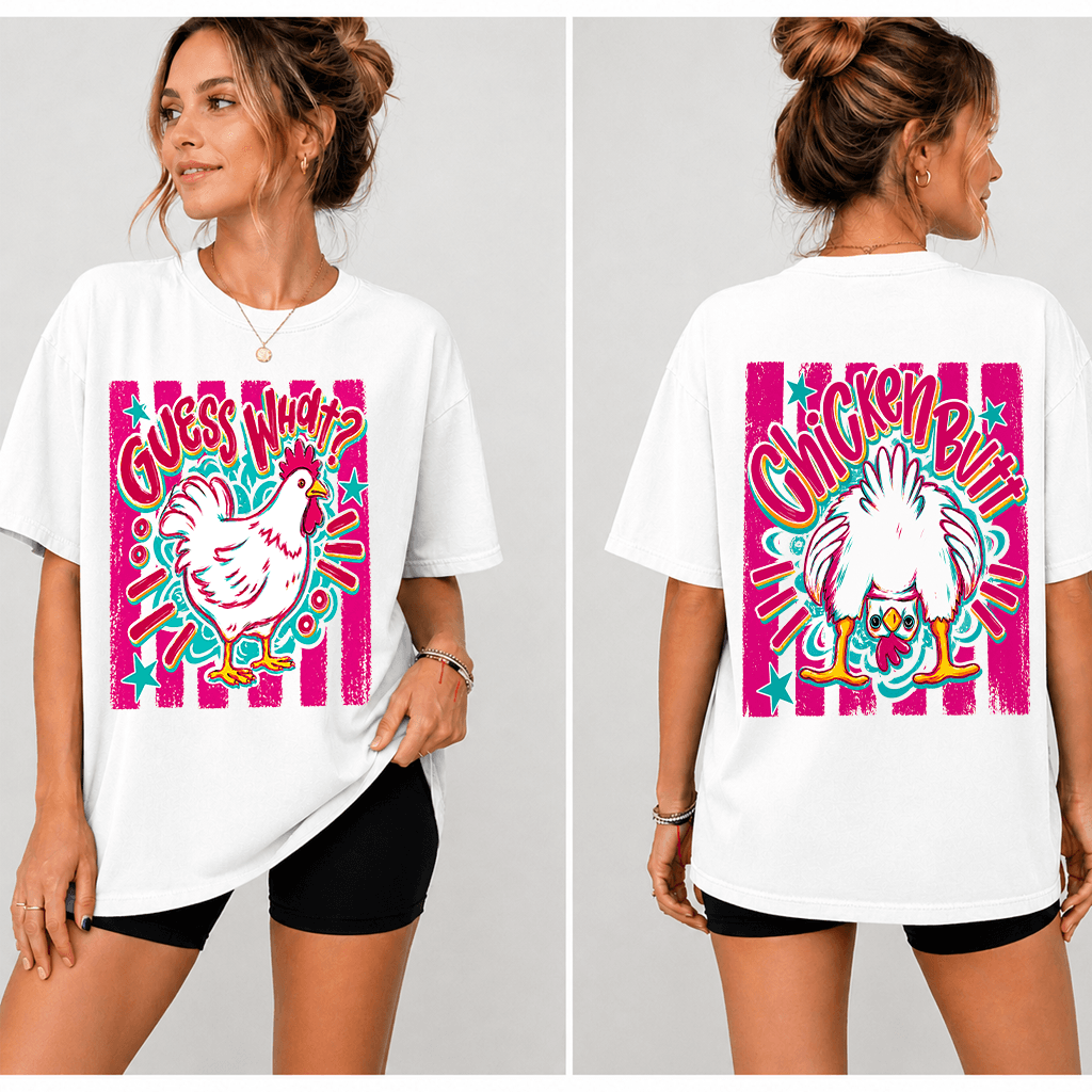 Guess What? Chicken Butt T-Shirt 2 sided - Cute Chicken Meme Gift for Farm Animal Lovers thumbnail - detail view