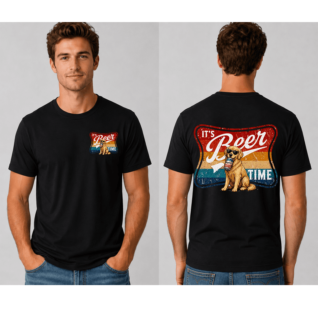 It's Beer Time Golden Retriever Drinking T-Shirt - Ideal Gift for Beer Lovers thumbnail - detail view