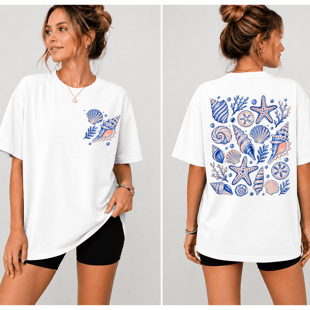 Watercolor Seashell T-Shirt - Coastal Summer Gift for Beach Lover thumbnail - detail view