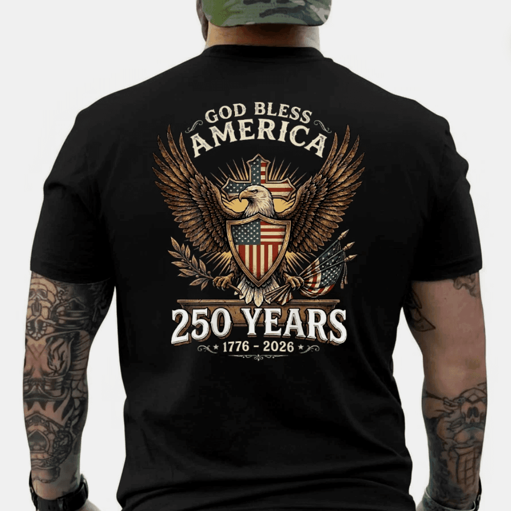 God Bless America 1776 2026 250 Years Christian T-Shirt (ON Back) - Patriotic Eagle Gift for Him thumbnail - back view