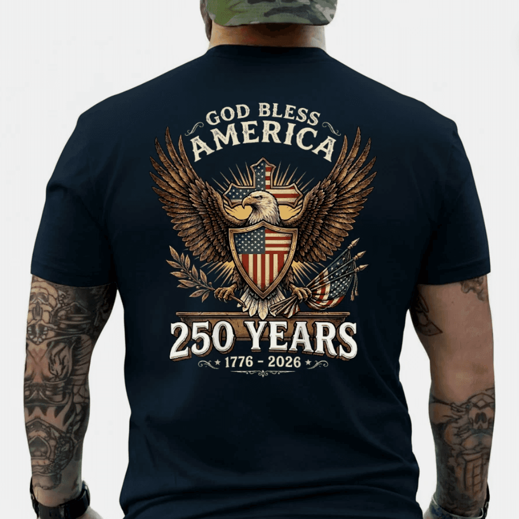 God Bless America 1776 2026 250 Years Christian T-Shirt (ON Back) - Patriotic Eagle Gift for Him thumbnail - detail view