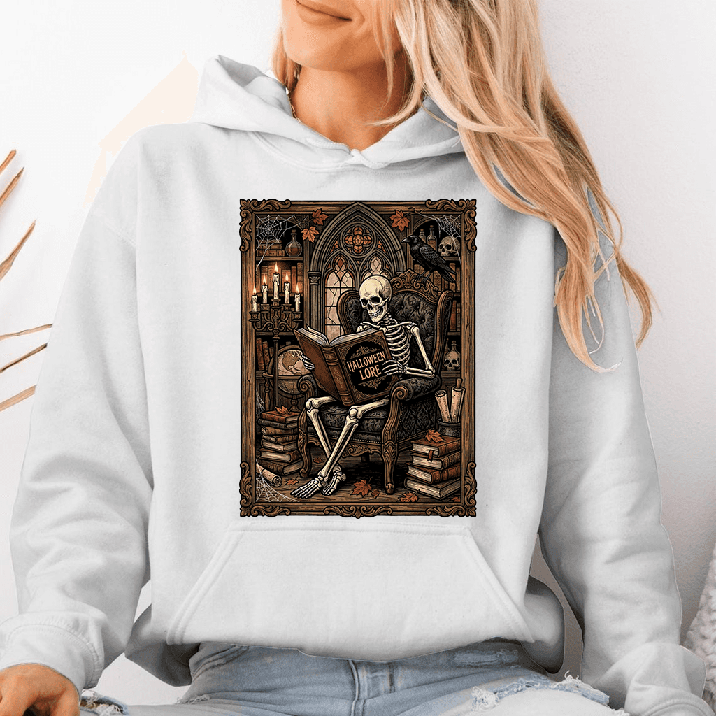 Spooky Skeleton Reading Gothic Library Halloween Hoodie| Vintage Skeleton Halloween Gift for Book Lover thumbnail - detail view