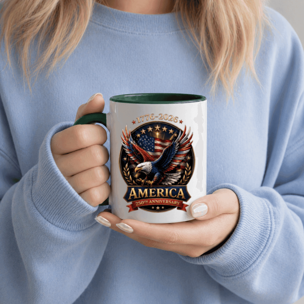 American Eagle 250th Anniversary Accent Mug – Independence Day 1776–2026 Patriotic Freedom Tee Gift for Dad thumbnail - lifestyle view