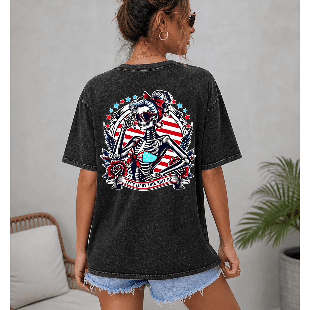Let's Light This Shit Up American Skeleton Lady T-shirt - Funny Skeleton Lady 4th of July Gift for women thumbnail - lifestyle view