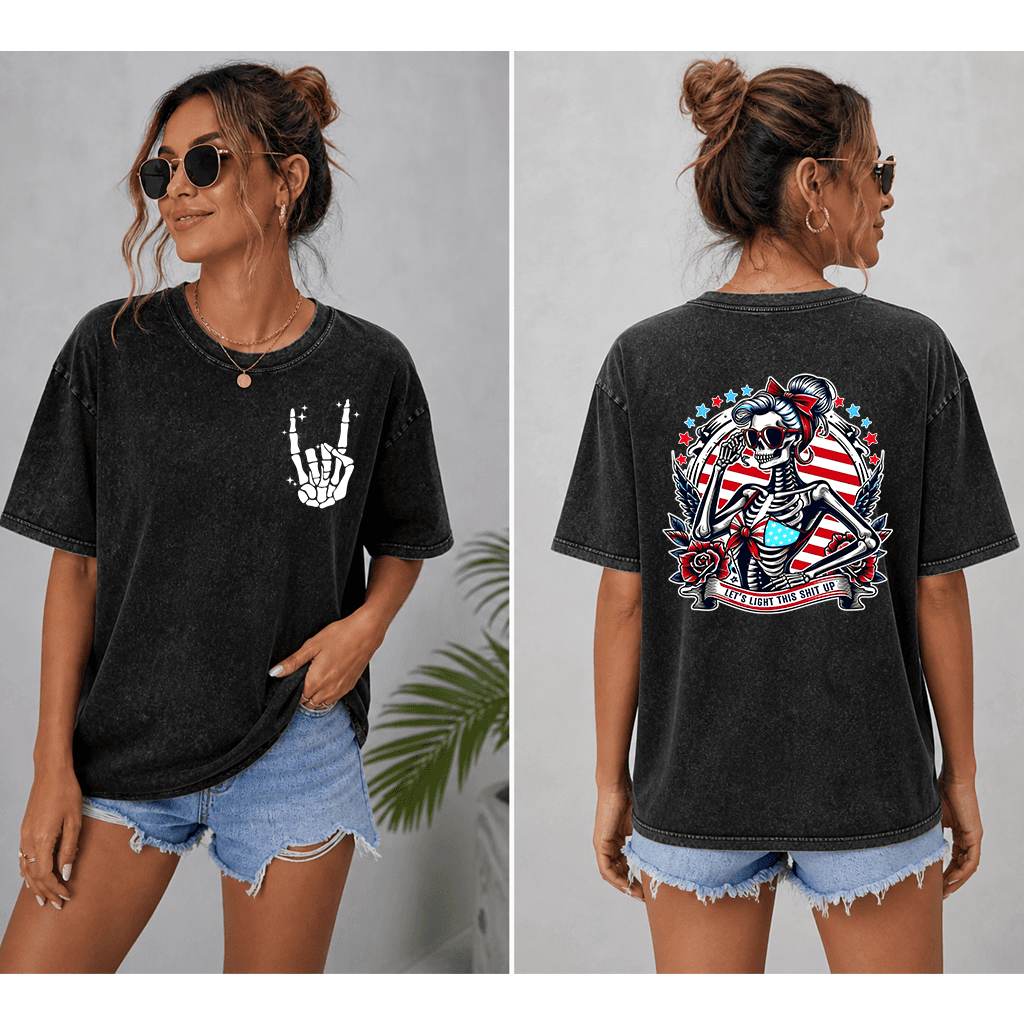 Let's Light This Shit Up American Skeleton Lady T-shirt - Funny Skeleton Lady 4th of July Gift for women thumbnail - back view