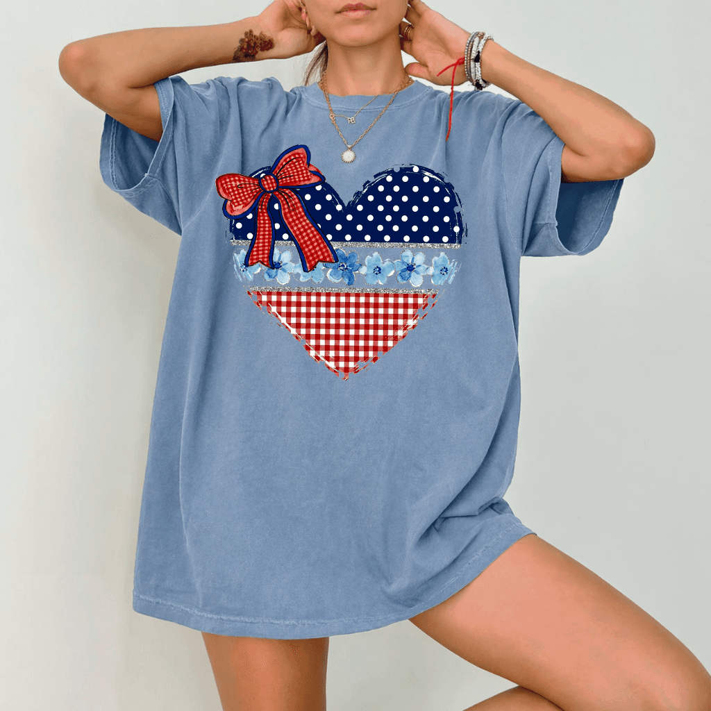 America Bow Heart Patriotic Coquette Comfort Colors Shirt - Cute 4th of July Heart Gift for women thumbnail - detail view