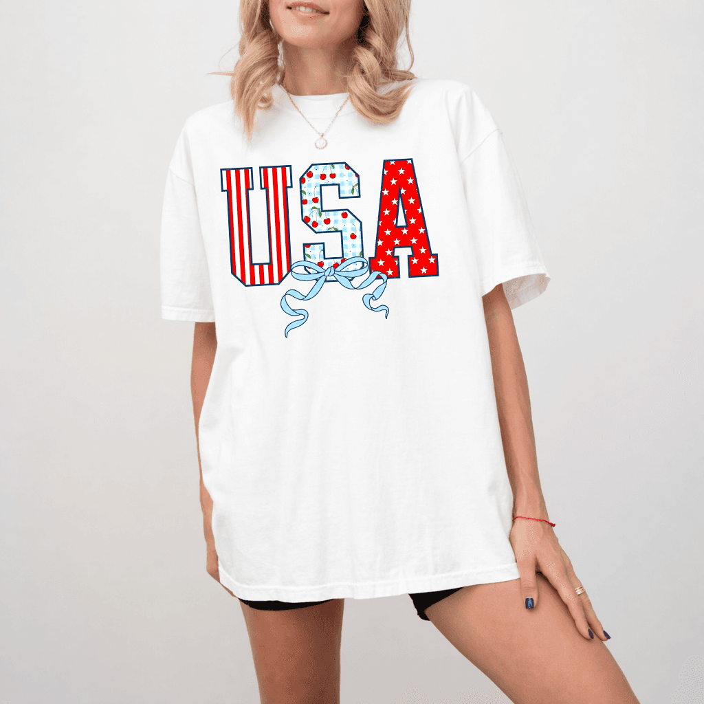 USA Flag Coquette Bow Wash Tee - Funny 4th of July Gift for women thumbnail - detail view