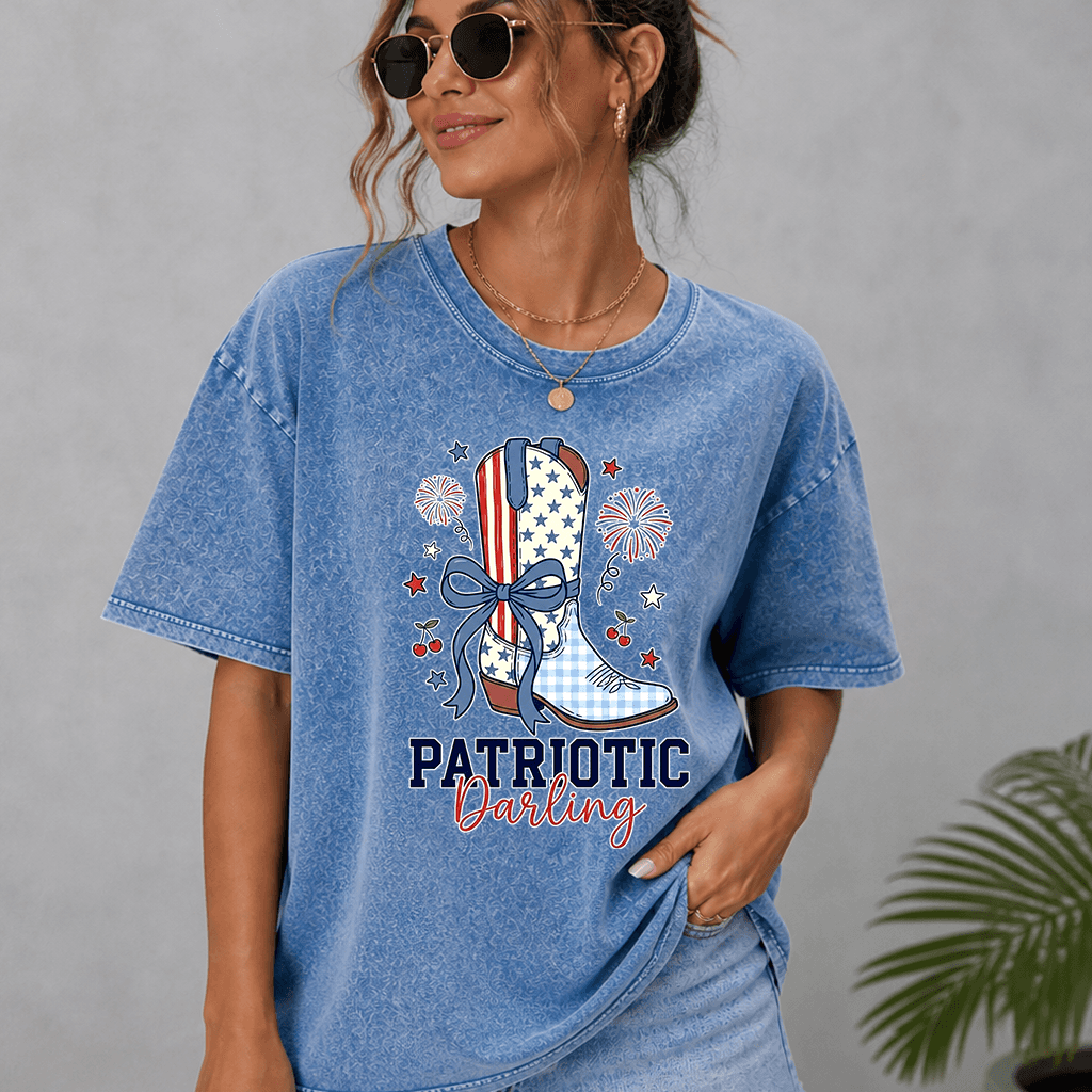 Patriotic Darling Wash Tee - USA Cowgirl Boots Graphic Shirt - Cute 4th of July Gift for women thumbnail - back view