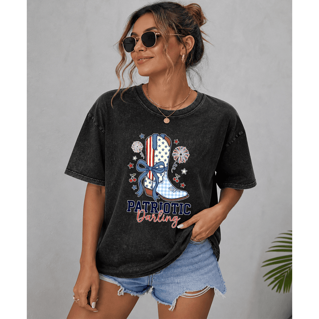 Patriotic Darling Wash Tee - USA Cowgirl Boots Graphic Shirt - Cute 4th of July Gift for women thumbnail - detail view