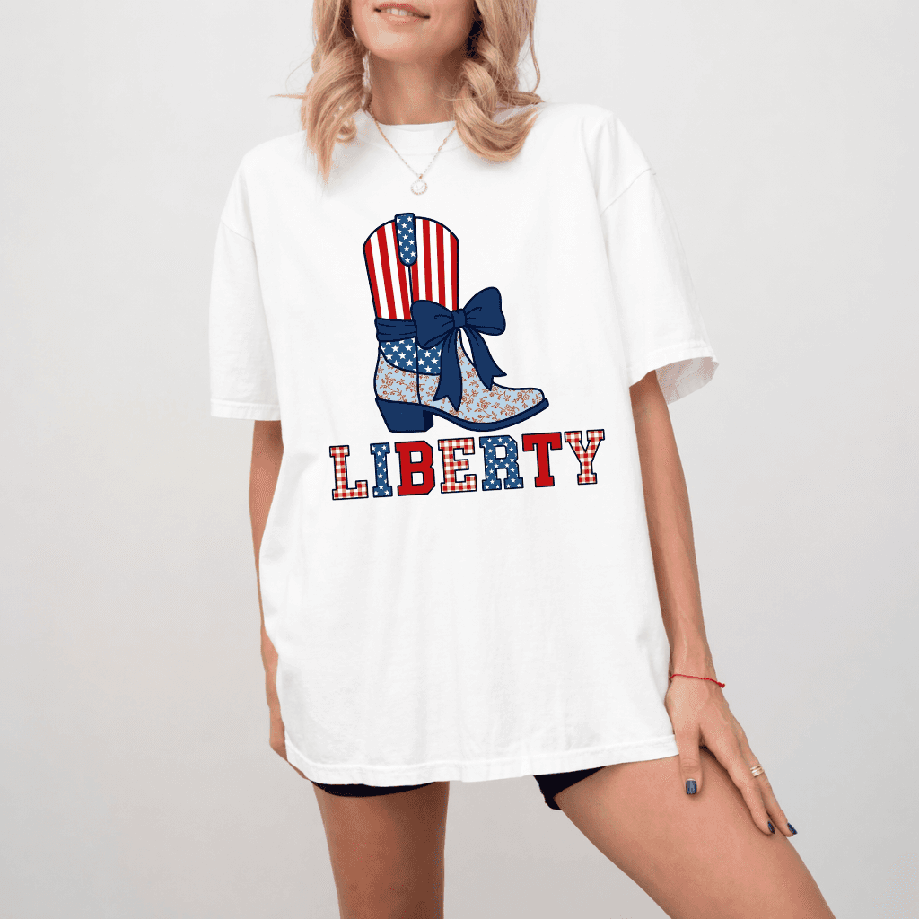 Comfort Colors 4th of July Cowgirl Boots Shirt - American Flag Liberty Shirt - Cute Patriotic Gift for women thumbnail - back view