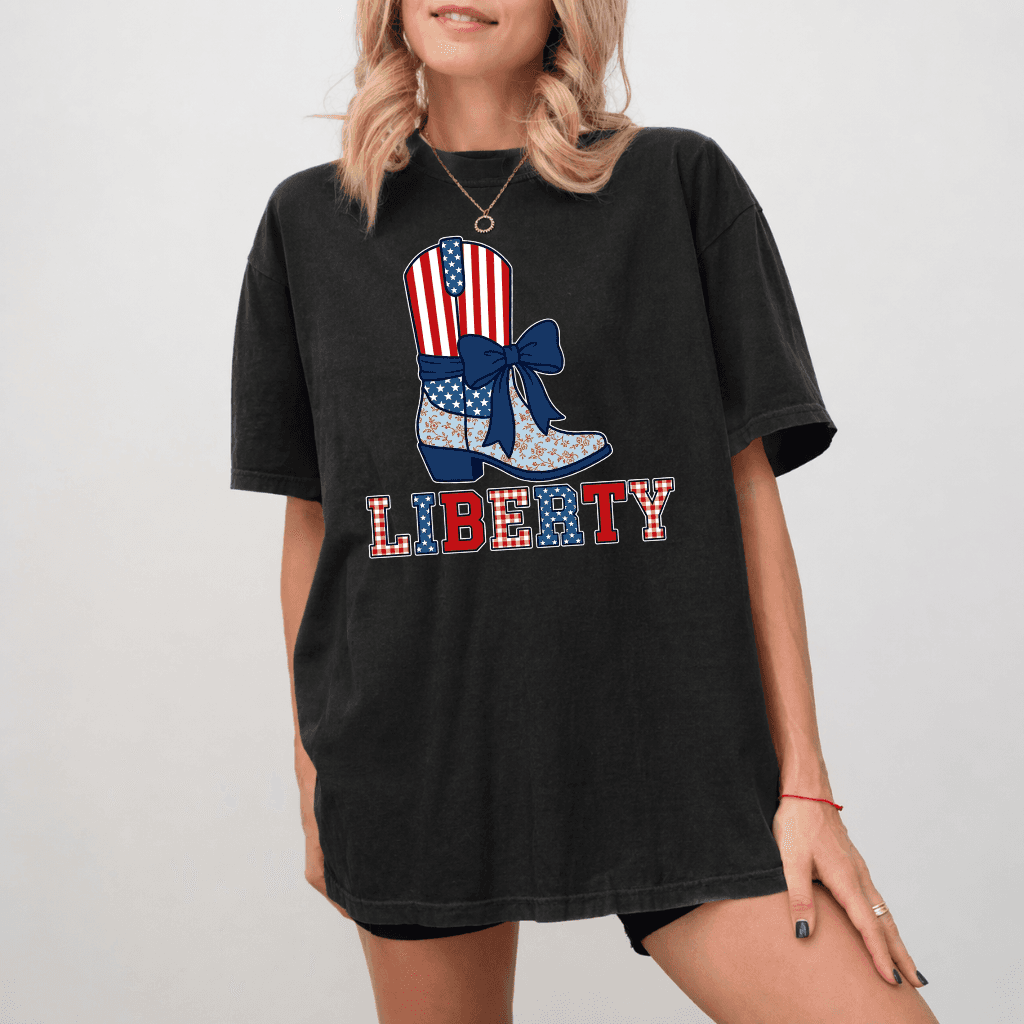 Comfort Colors 4th of July Cowgirl Boots Shirt - American Flag Liberty Shirt - Cute Patriotic Gift for women thumbnail - detail view