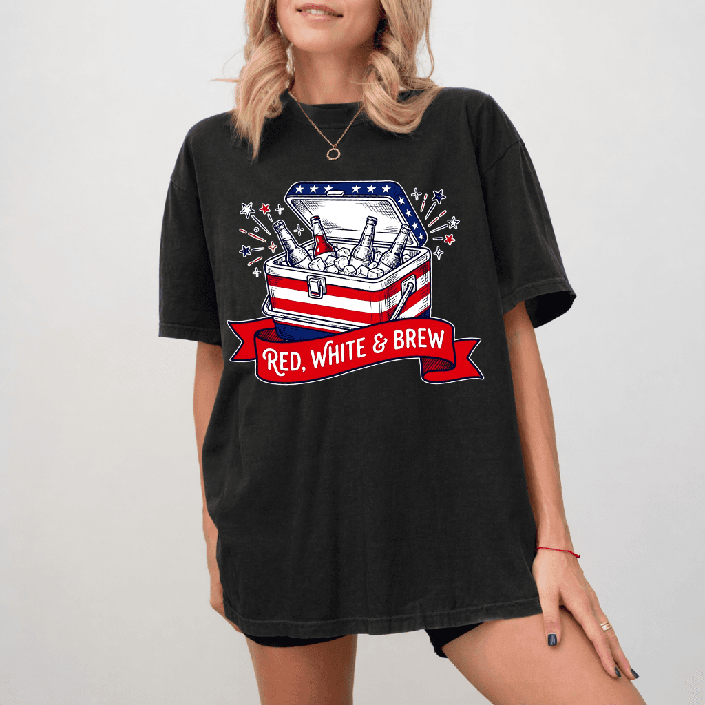 Comfort Colors Red White & Brew Shirt - 4th of July American Beer Lovers Shirt - Funny 4th of July Patriotic Beer Gift for men & women thumbnail - detail view