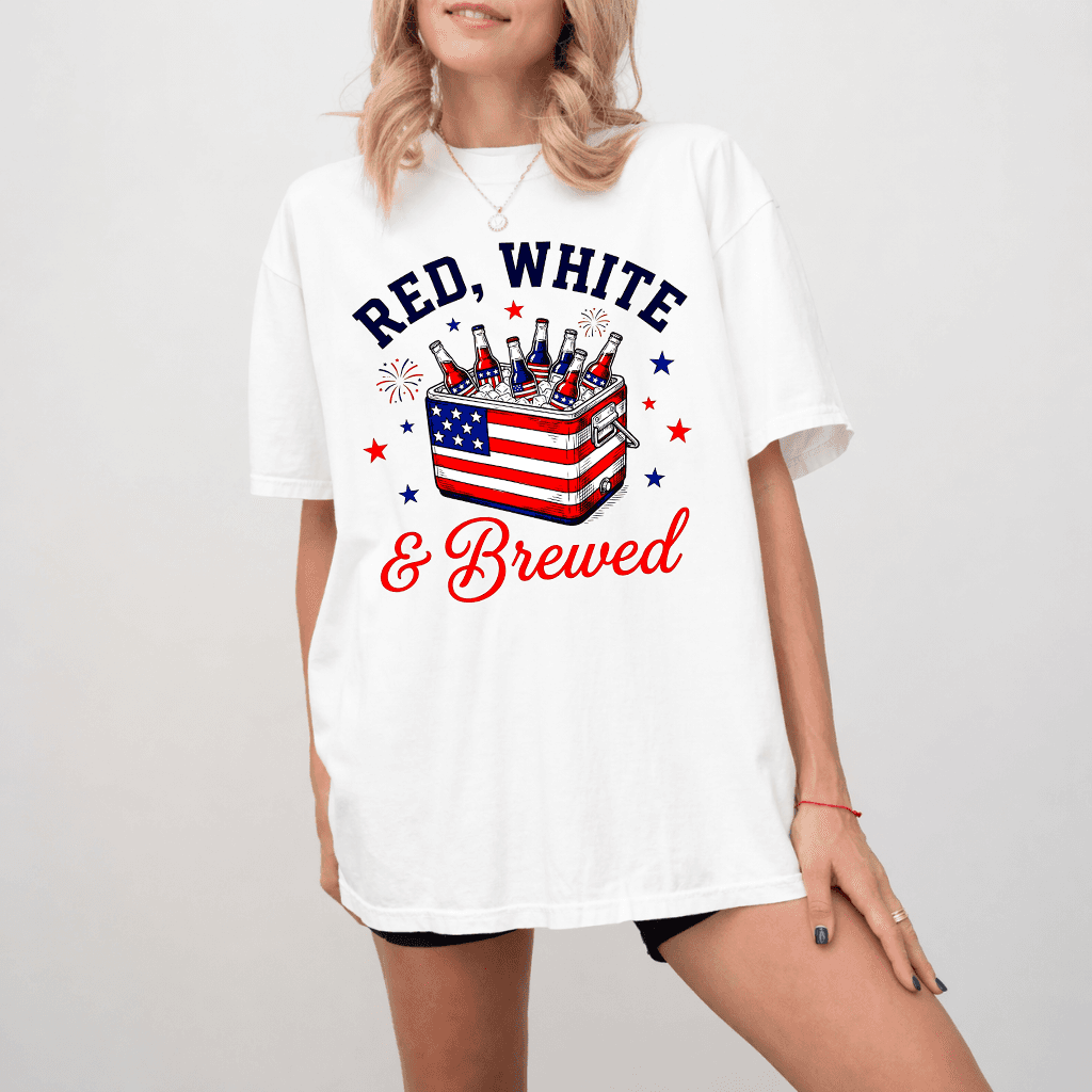 Comfort Colors Red White & Brewed shirt - 4th of July USA Beers Flag Patterns Shirt - Funny Independence Day Gift for Beer Lovers thumbnail - back view