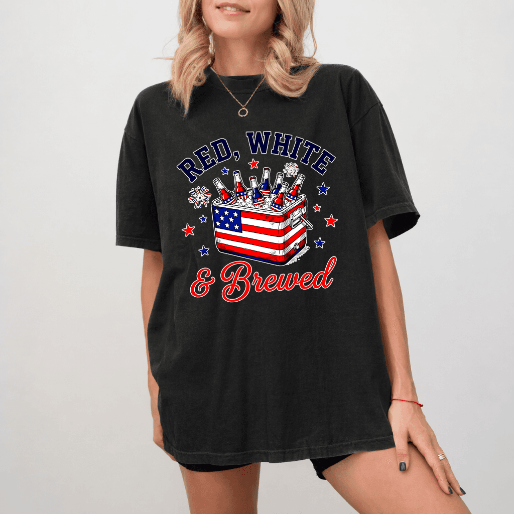 Comfort Colors Red White & Brewed shirt - 4th of July USA Beers Flag Patterns Shirt - Funny Independence Day Gift for Beer Lovers thumbnail - detail view