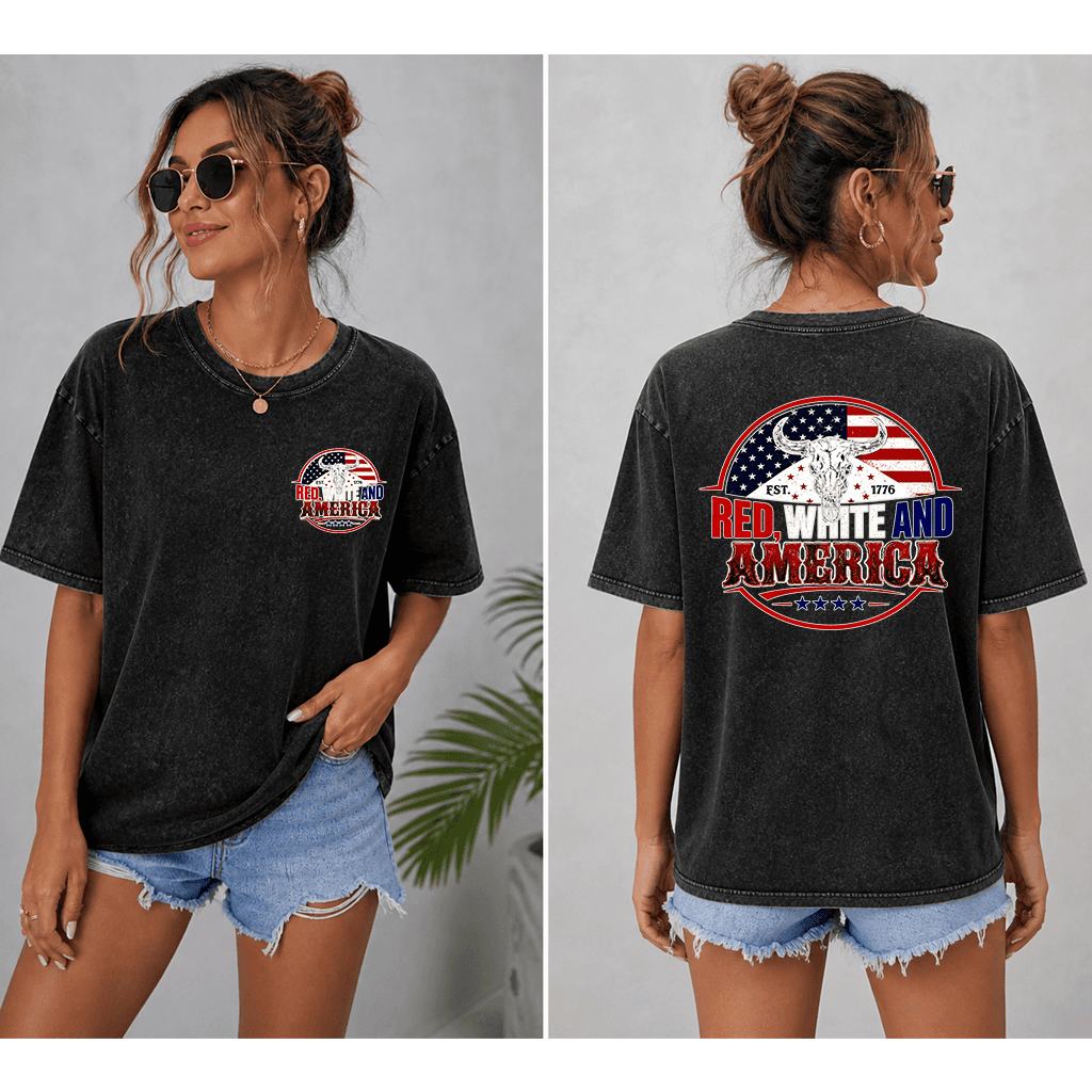 Retro Red White & America Wash Tee - 4th of July USA Flag with Highland Cow Shirt 2 sided - Cool Patriotic Gift for men and women thumbnail - back view