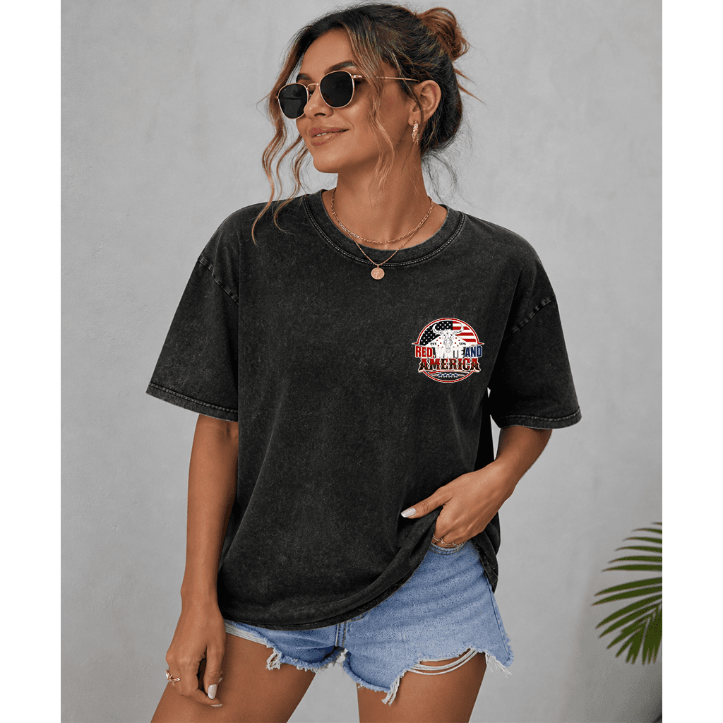 Retro Red White & America Wash Tee - 4th of July USA Flag with Highland Cow Shirt 2 sided - Cool Patriotic Gift for men and women thumbnail - detail view
