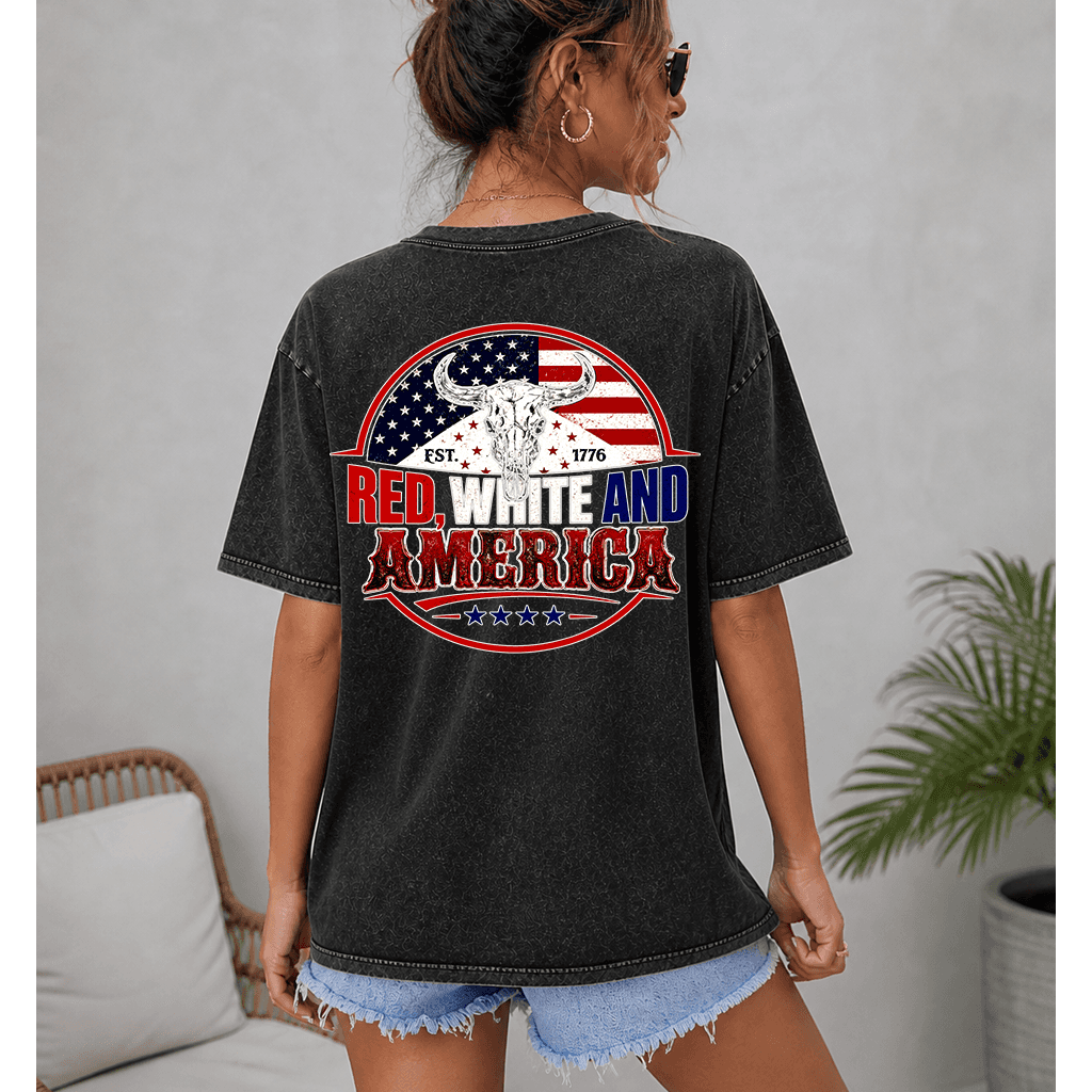 Retro Red White & America Wash Tee - 4th of July USA Flag with Highland Cow Shirt 2 sided - Cool Patriotic Gift for men and women thumbnail - lifestyle view
