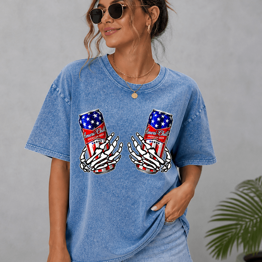 Funny 4th of July Beer Wash Tee - Ameri-Chill American Beer with Skeleton Hands Shirt, Funny Patriotic USA Gift for Beer Lovers thumbnail - detail view