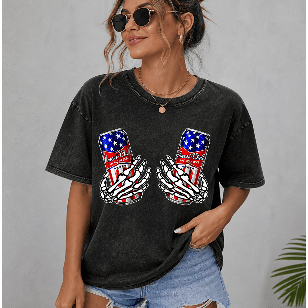 Funny 4th of July Beer Wash Tee - Ameri-Chill American Beer with Skeleton Hands Shirt, Funny Patriotic USA Gift for Beer Lovers thumbnail - back view