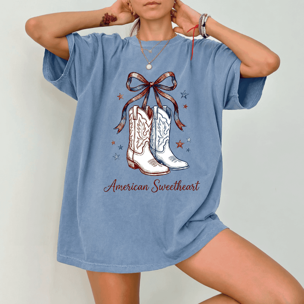 Comfort Colors American Sweetheart Shirt - Blue Red White Cowgirl Boots graphic Shirt - Funny Gift for 4th of July Party thumbnail - detail view