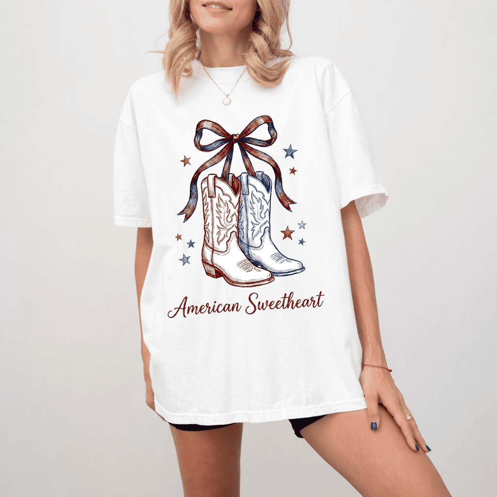Comfort Colors American Sweetheart Shirt - Blue Red White Cowgirl Boots graphic Shirt - Funny Gift for 4th of July Party thumbnail - back view