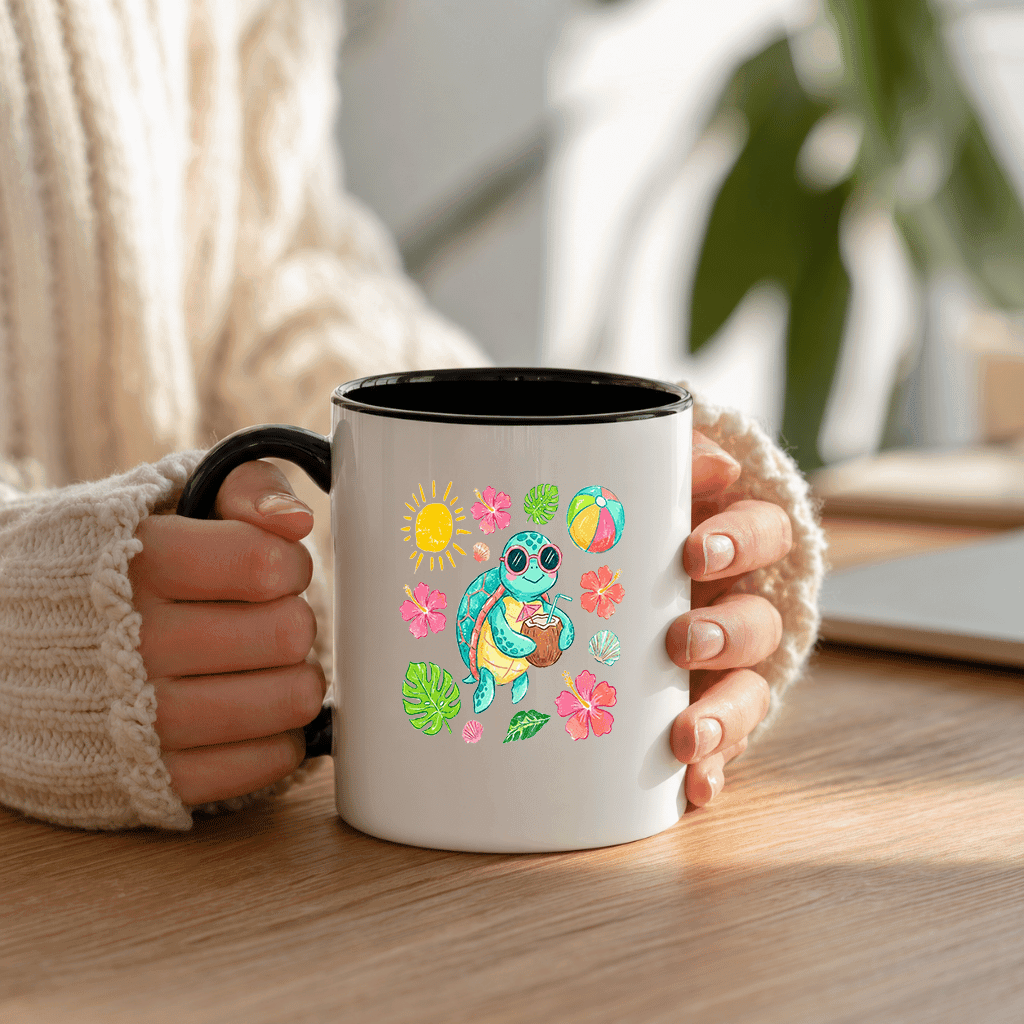 Cute Sea Turtle Accent Mug - Turtle Drinking Coconut Mug - Perfect Gift for Turtle Lovers on Summer Vacation thumbnail - back view
