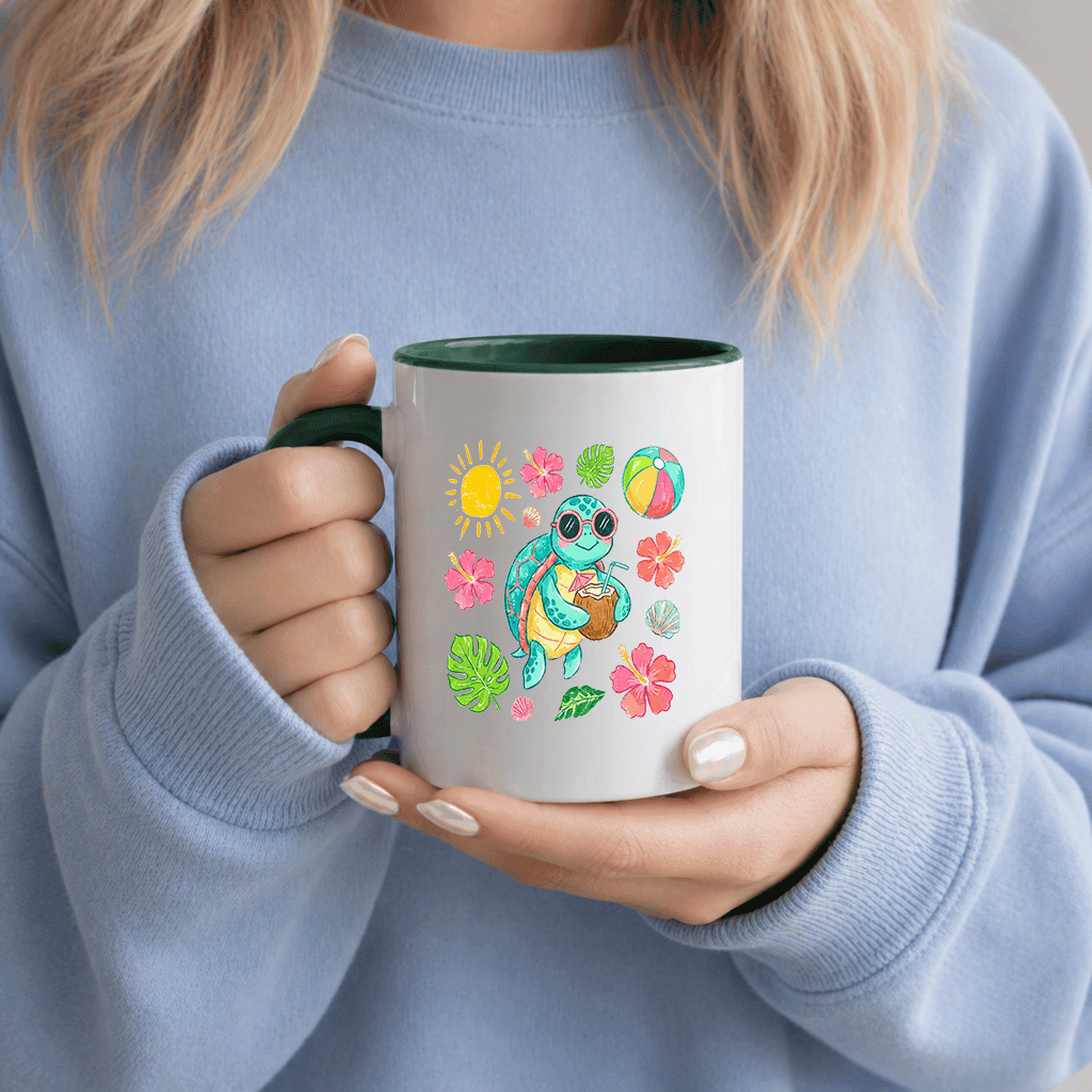 Cute Sea Turtle Accent Mug - Turtle Drinking Coconut Mug - Perfect Gift for Turtle Lovers on Summer Vacation thumbnail - detail view
